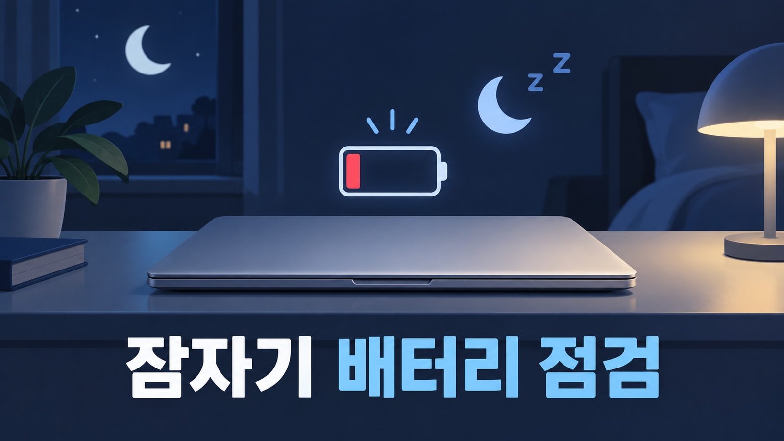 잠자기 중 배터리 소모 점검을 나타내는 닫힌 MacBook과 낮은 배터리 아이콘