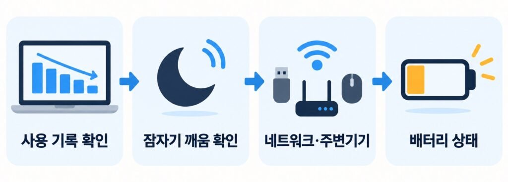 사용 기록, 잠자기 깨움, 네트워크와 주변기기, 배터리 상태를 순서대로 확인하는 흐름